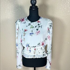 Express White Floral Smocked Waist Long Sleeve Blouse